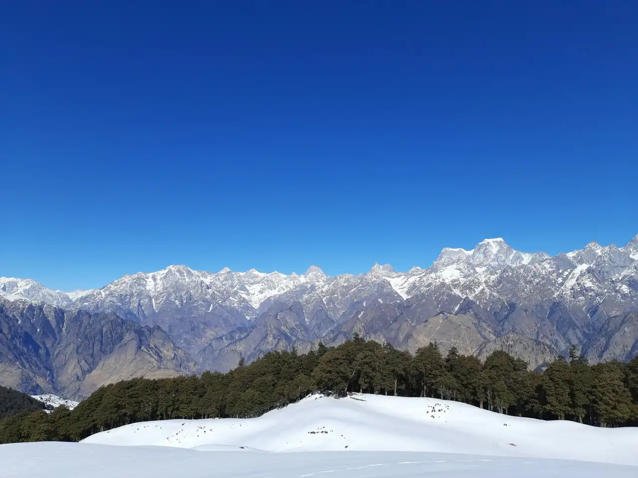 Snow slopes edged with conifers below a line of Garhwal peaks